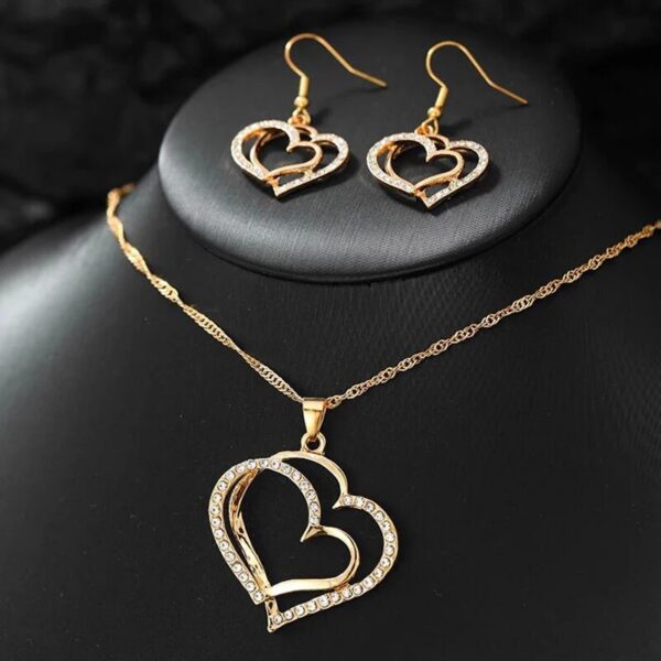3 Pcs Shaped Of Earrings Pendant Necklace For Women Exquisite Fashion Rhinestone Double Heart Jewelry Set