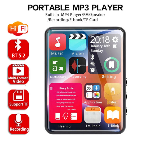 2.4-inch full-screen toucreen MP3 player, mini Mp4 player with Bluetooth, 4-128GB, hi-fi, HD, lossless recording, FM radio, v