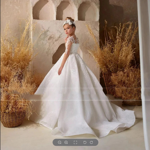 Flower White Lace Girls Floor Length First Communion Dress Princess Elegant Banquet Dresses