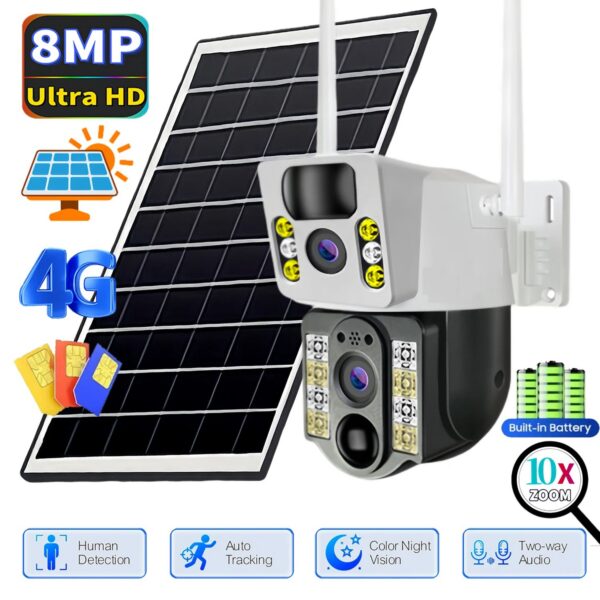 4K Solar Camera 4G SIM Card  Dual Lens 8MP HD Night Vision IP CCTV Surveillance PTZ PIR Human Detection Alarm Waterproof Camera