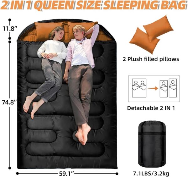 ac67693be3e69079 Double Sleeping Bags for Adults, 2 Person Camping Sleeping Bag for Cold Weather & Warm, Queen Size Sleeping Bag with 2 Pillow, Sleep Bag for Camping, Hiking, Backpacking