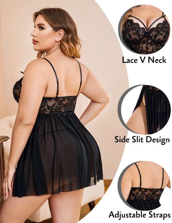 Avidlove Plus Size Lingerie Lace Babydoll Womens Strap Chemise Nightgown V Neck Nighty Mesh Sleepwear Side Slit Nightdress