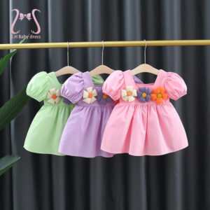 acc5b3770bbe22bf Summer Children Clothes Flower Simple Solid Color Puff Sleeve Baby Girl Dresses Thin Toddler Party Birthday Princess 0 To 3 Y