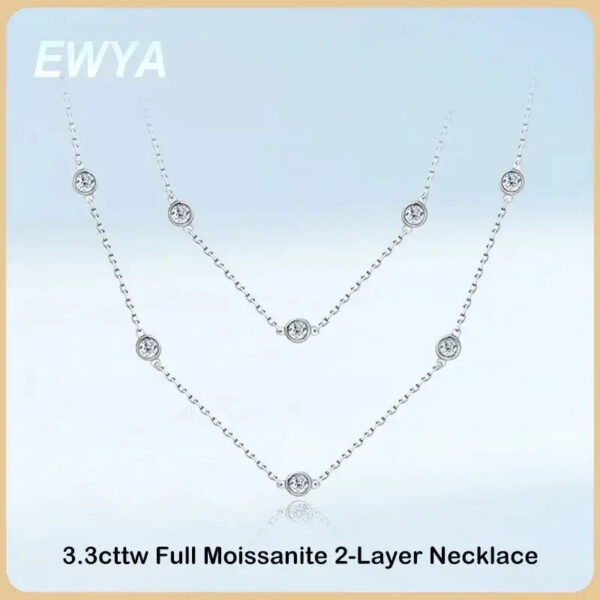 EWYA D Color Full 3/3.5mm Round Bubble Moissanite Diamond Tennis Necklace for Women Party S Sier 2-Layer Neck Chain