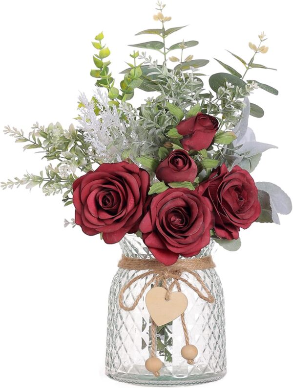 Faux Flowers with Vase,Artificial Silk Roses in Vase, Fake Plant Eucalyptus Flower Arrangement for Home Office Farmhouse Bathroom Dining Table Centerpiece Decorations Coffee Table Decor (Pink)