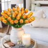 10 Pcs Orange Tulips Artificial Flowers Real Touch Fake Tulips Fake Flowers for Decoration 13.5" Faux Tulips Faux Flowers Bulk Artificial Tulips Flowers for Vase Centerpieces Home Wedding Bouquet