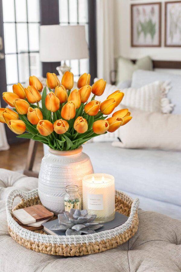 10 Pcs Orange Tulips Artificial Flowers Real Touch Fake Tulips Fake Flowers for Decoration 13.5" Faux Tulips Faux Flowers Bulk Artificial Tulips Flowers for Vase Centerpieces Home Wedding Bouquet