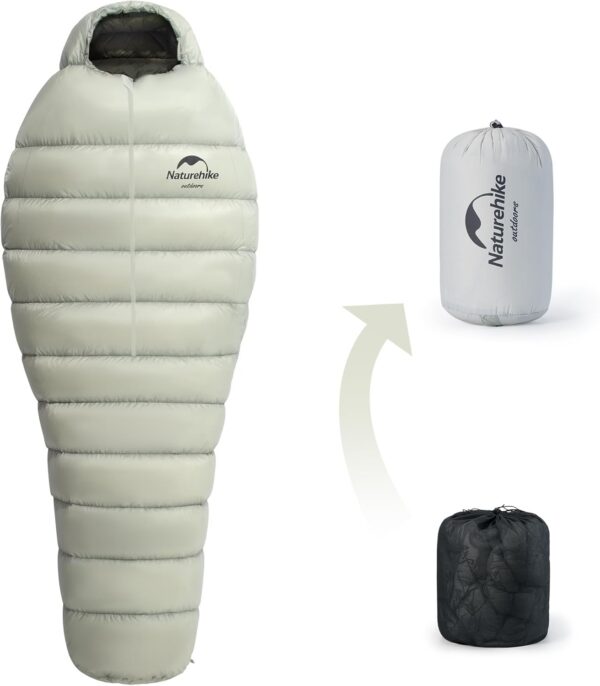 Naturehike Winter White Goose Down Sleeping Bag for Adults, 860FP Lightweight Compact Mummy Sleeping Bag for Camping, Backpacking and Hiking