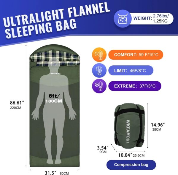 Backpacking Flannel Sleeping Bag Lightweight for Adults Hiking Ultralight Compact Sleeping Bag Portable Warm Weather Summer with Compression Sack