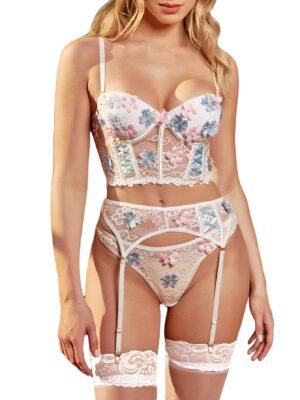 WDIRARA Women's Floral Lace Push Up Garter Lingerie Set with Stockings