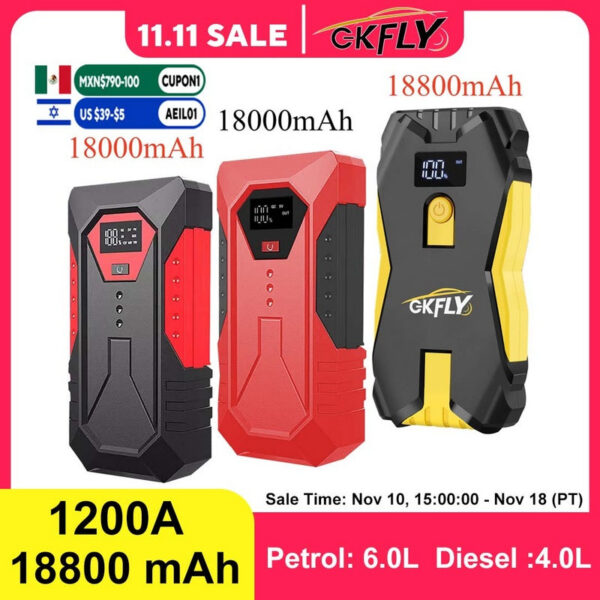 GKFLY 1200A High Capacity 18800mAh 12V Jump Starter Portable Starting Device Power Bank Charger For Car Battery Booster