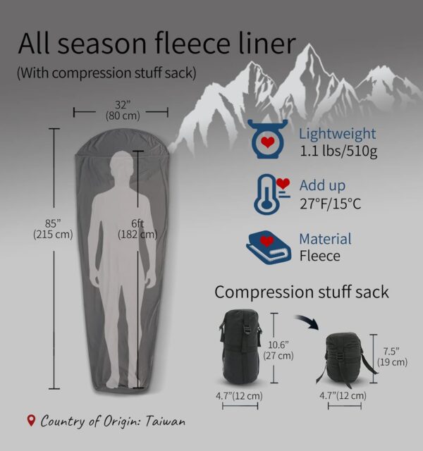 ae2d91a5d9a6778b Litume Fleece All Season Sleeping Bag Liner Adds Up to 15°C, Compressible and Lightweight Mummy Sleeping Sack for Backpacking Camping travel hiking compact stuff Drawstring hood