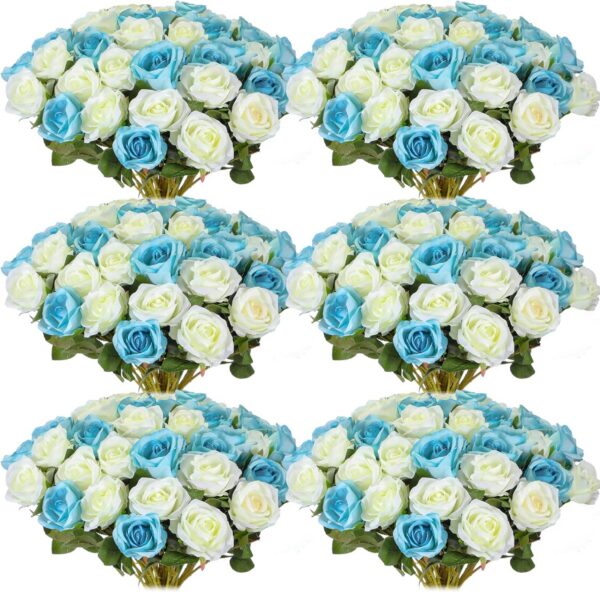 aebfb16450b34b93 50 Pcs Artificial Rose Flower Realistic Silk Roses with Stem Bouquet of Flowers Plastic Flowers Real Looking Fake Roses for Home Wedding Centerpieces Party Decorations (Blue)