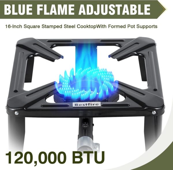 af0652902f7e32ee High Pressure Propane Burner, 120000 BTU Single Propane Stove with 4.1ft 0-20Psi Adjustable Hose with Regulator, 16" Square Steel Cooktop for Camping
