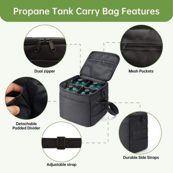 Heavy-Duty Water-Resistant 1 lb Propane Tank Carry Bag with Padding | 2 Cylinder Camping Gas Cylinder Storage Bag with Adjustable Strap, 3-Side Pockets & Detachable Dividers