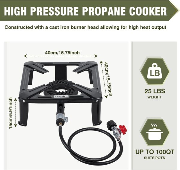 afeef5549163118f High Pressure Propane Burner, 120000 BTU Single Propane Stove with 4.1ft 0-20Psi Adjustable Hose with Regulator, 16" Square Steel Cooktop for Camping