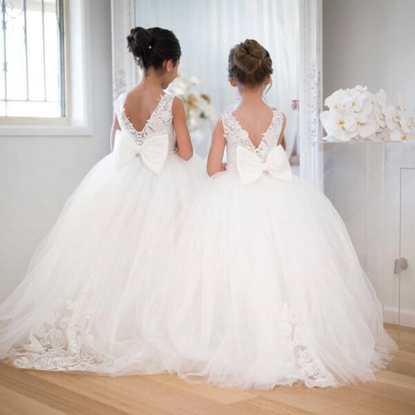 FATAPAESE Flowers Gril Dress Camellia Gowns Appqulies Beads Bow With Long Train Backless Buttons Wedddding Party Ball Gown TUTU