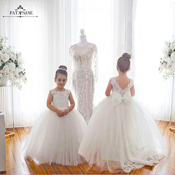 FATAPAESE 3-9 Years Flowers Appqulies Beads Bow Long Train Backless Buttons Wedddding Party Dresses for Even Guest Kid Girl Tutu