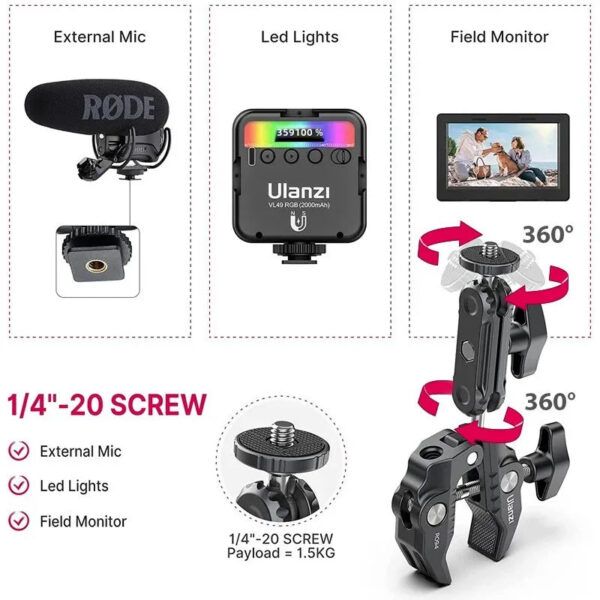 b0f6207da96911cf Ulanzi R094 Metal Super Clamp with Double Ball Head Magic Arm Clamp with 1/4" 3/8" Hole for DSLR Camera Monitor Light Mic Mount