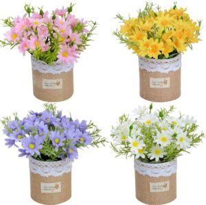 b1d530b13aa51925 XONOR Artificial Flowers - Set of 4 Mini Fake Potted Silk Daisy Flowers for Home Decor Wedding Office Tabletop Decoration