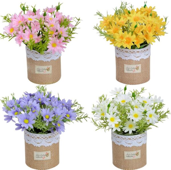 XONOR Artificial Flowers - Set of 4 Mini Fake Potted Silk Daisy Flowers for Home Decor Wedding Office Tabletop Decoration