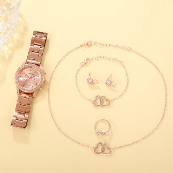 b1fc1162c9c1d67e 6PCS Set Rose Gold Watch Women Ring Necklace Earring Rhinestone Fashion Wristwatch Casual Ladies Bracelet Watches