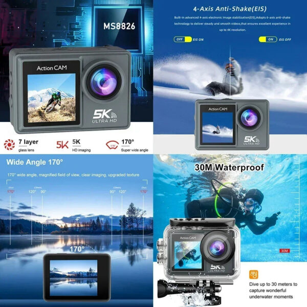 b225313266252a77 5K 4K60FPS Action Camera Dual IPS Touch LCD EIS 170° DVR 30M Waterproof 5X Zoom Sport Camera With Wireless Mic & Pre Recording