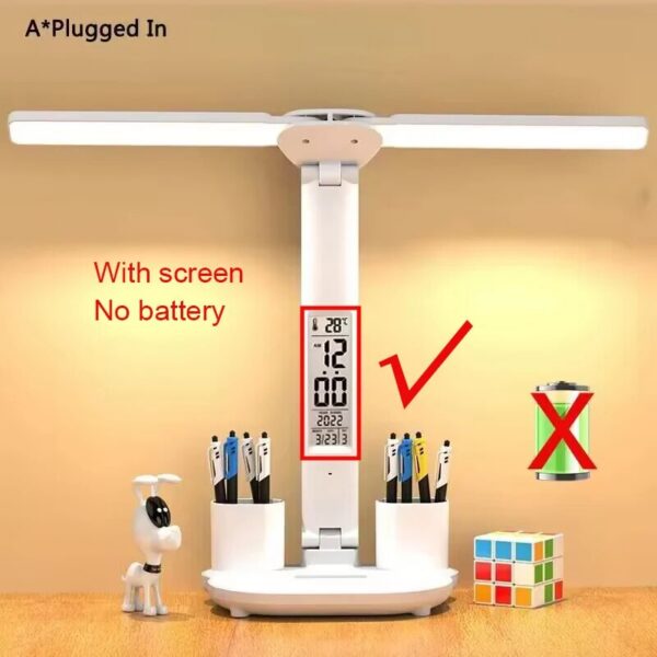 b2a3efe995b42cb0 LED Clock Table Lamp USB Chargeable Dimmable Desk Lamps 2 Heads 180 Rotate Foldable Eye Protection Desktop Reading Night Lights