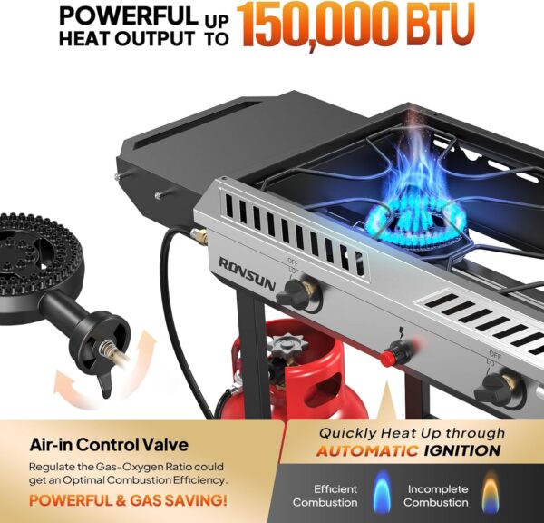 ROVSUN 2 Burner Outdoor Propane Gas Stove with Auto-ignition, Regulator & Shelf, 150,000 BTU Powerful Stand Cooker for Backyard Patio Cooking Home Brewing Canning Turkey Frying