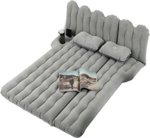 SUV Air Mattress with Cup & Phone Holder, Flocked-Top Inflatable Car Mattress with Two Air Pillows & Electric Air Pump, Ideal SUV Mattress for Camping, Travel, and Road Trips (Grey)
