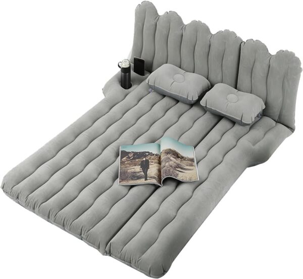 b2b91a7bd7a1efea SUV Air Mattress with Cup & Phone Holder, Flocked-Top Inflatable Car Mattress with Two Air Pillows & Electric Air Pump, Ideal SUV Mattress for Camping, Travel, and Road Trips (Grey)