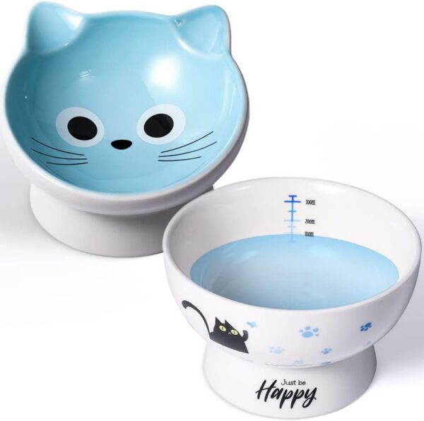 b30dfa9e5eabec65 AISBUGUR Ceramic Cat Bowls Set of 2, Elevated 15 Tilted Design for Indoor Cats, Large Capacity, Easy to Clean, Non-Slip Base, Cute Pattern, Blue