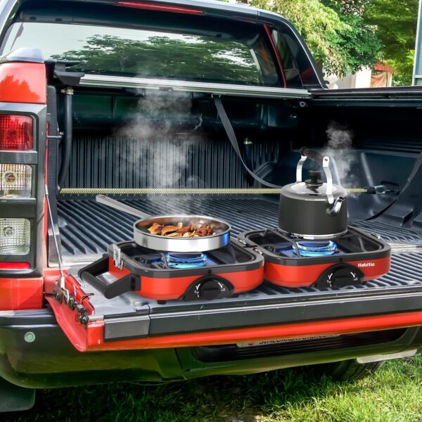 b353f97472499358 2-Burner Camping Stove Foldable, Portable Propane Camp Stove with 16000 BTU Adjustable Burners and Piezo Ignition, Folding Stove with Carry Bag & Handle for Camping, Tailgating, Backyard BBQ - Red