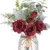 Faux Flowers with Vase,Artificial Silk Roses in Vase, Fake Plant Eucalyptus Flower Arrangement for Home Office Farmhouse Bathroom Dining Table Centerpiece Decorations Coffee Table Decor (Burgundy)