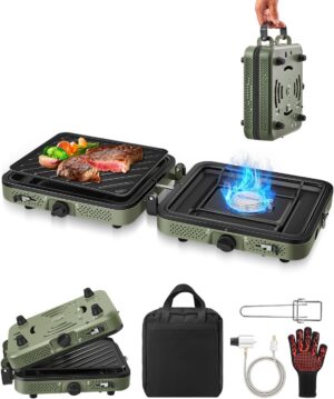 Saker 2 Burner Propane Camping Stove with Grill: Foldable Portable Camp Stove with Carry Bag - Adjustable Burners Camping Grill for BBQ Tailgating Gear - Backpacking Outdoor Cooking
