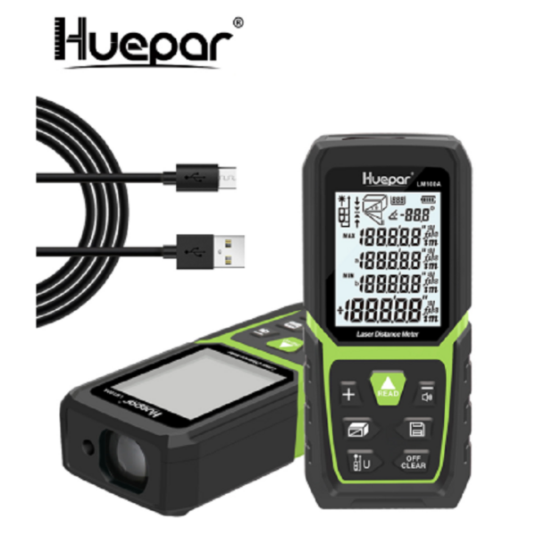 Huepar LM100A Rangefinder 330Ft/100M Backlit LCD Laser Measure M/In/Ft with Li-ion Battery & Electric Angle Sensor