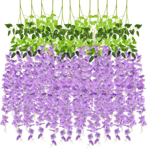 b41025e207b42dad CEWOR 24pcs Wisteria Hanging Flowers 3.6ft Artificial Vines Fake Garland Silk Flower String for Wedding Party Garden Outdoor Greenery Home Wall Decoration (Purple)