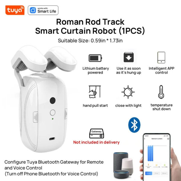 b44d84c3b5797eed 1PCS Tuya Smart Curtain Robot, Roman Rod Track, APP Control,Single/Double (Works With Tuya Gateway For Remote Control)