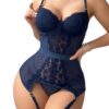 b4dc5912e0e53b3c WDIRARA Women's Sexy Floral Lace Garter Bustier Lingerie Set with 1Pair Fishnet Stocking