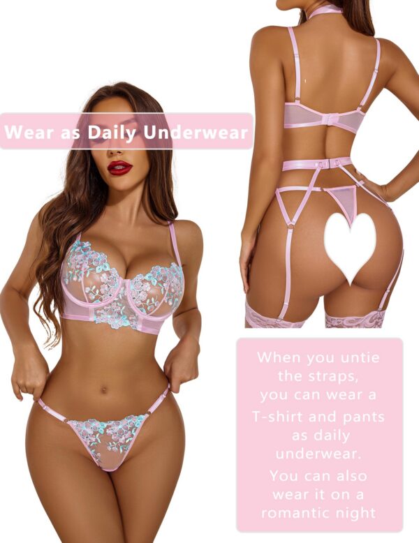 Avidlove Lingerie for Women Embroidered Lace Underwire Strappy Bra and Panty Set with Removable Garter