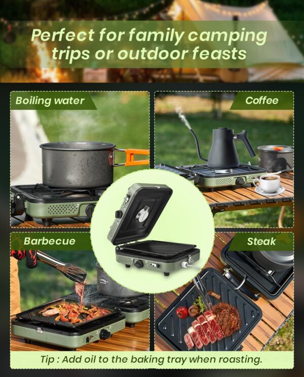 Saker 2 Burner Propane Camping Stove with Grill: Foldable Portable Camp Stove with Carry Bag - Adjustable Burners Camping Grill for BBQ Tailgating Gear - Backpacking Outdoor Cooking