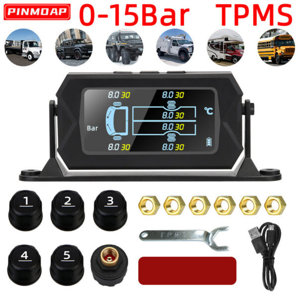 b5bfcabe68270886 Car RV Truck TPMS Tire Pressure Monitoring System Wireless Solar with 6 External Sensors Digital LCD Alarm 0-8bar 0-15bar