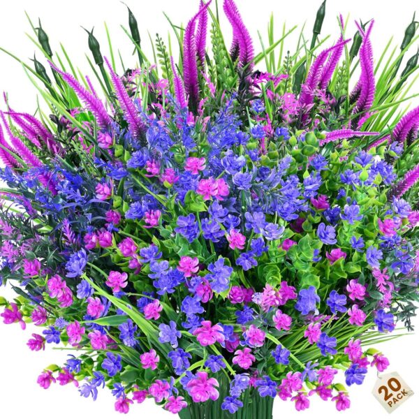 Artificial Plants Outdoor, 24PCS Lavender Artificial Flowers, UV Resistant Fake Flowers, Faux Flowers for Outdoor Planters for Home Garden Outside Porch Decor