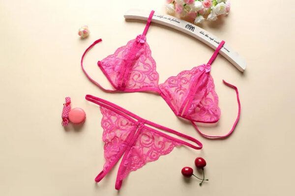 b682e49ea2a79650 Sexy Lace-up Lingerie Set Women Hot Exotic Open Crotch Transparent Underwear G-string Bandage Bikini Three-point Set