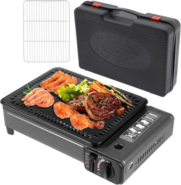 Gaskochfeld, Camping Stove Gas Portable mit Grillnetz und Backblech, 0.25-0.3MPa Gaskochfeld für Küche Camping, Campinggrill Gas Klein für Propan und Erdgas, 41.5 * 28 * 11cm