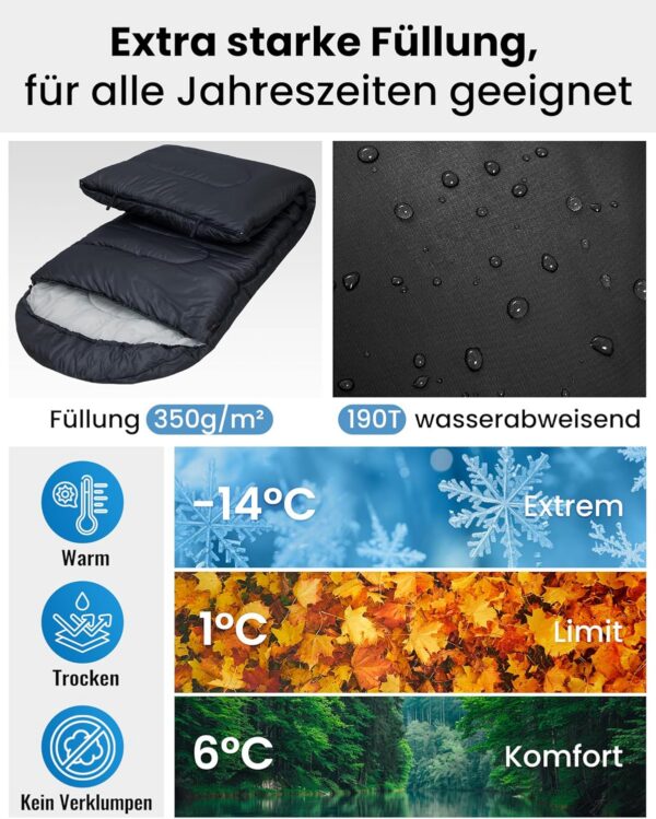 b75d53cdad343b6d KingCamp Oasis Schlafsack, 3 Jahreszeiten, warm, bequem, leicht, tragbar, mit Kapuze, für drinnen und draußen, Camping, Wandern
