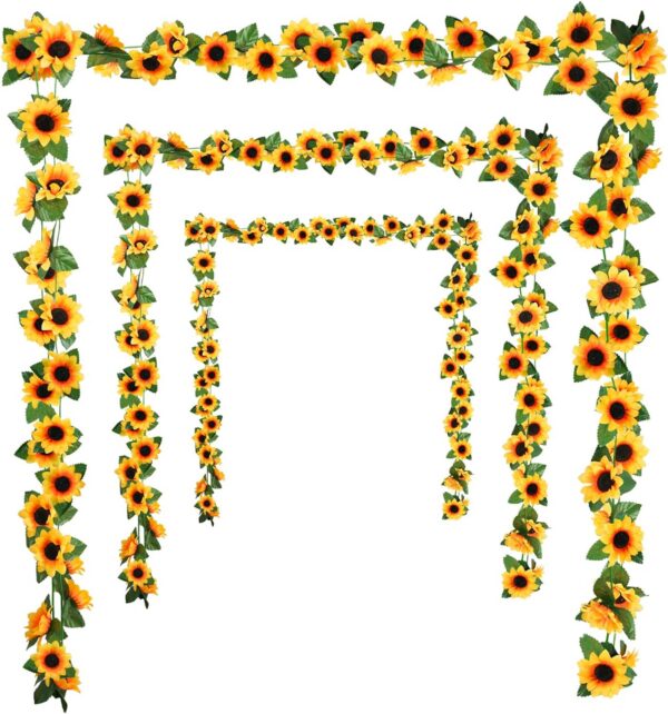 3 Pack Artificial Sunflower Garland, 7.5ft/Strand Silk Sunflowers Hanging Vines Flowers with Green Leaves for Room Kitchen Garden Birthday Wedding Baby Shower Party Table Decor Large