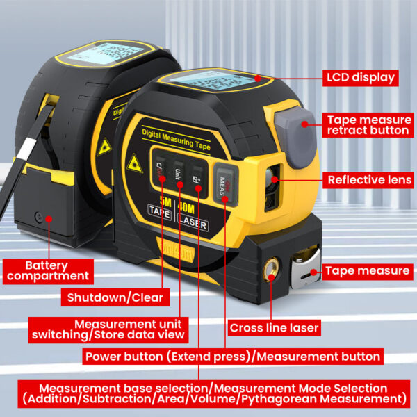 1pc 3 In 1 Digital High Precision Laser Rangefinder Steel Tape Measure