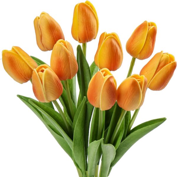 10 Pcs Orange Tulips Artificial Flowers Real Touch Fake Tulips Fake Flowers for Decoration 13.5" Faux Tulips Faux Flowers Bulk Artificial Tulips Flowers for Vase Centerpieces Home Wedding Bouquet