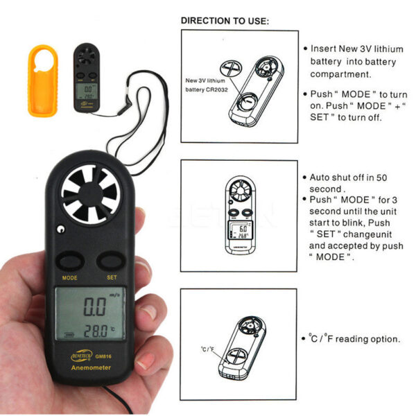 Digital Anemometer 0-30m/s Wind Speed Meter Mini Air Velocity Airw -10°C ~ 45°C Temperature Tester with LCD Backlight